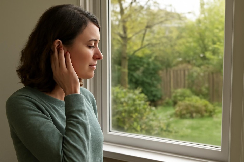 Person standing quietly by a window, listening to birds in a garden