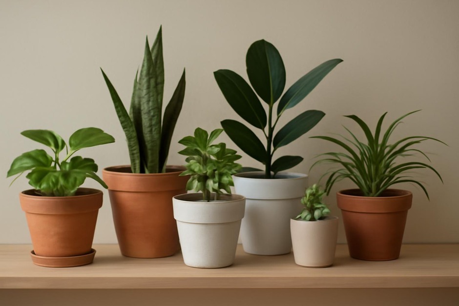 A variety of indoor plant pots made of terracotta, ceramic and plastic on a shelf
