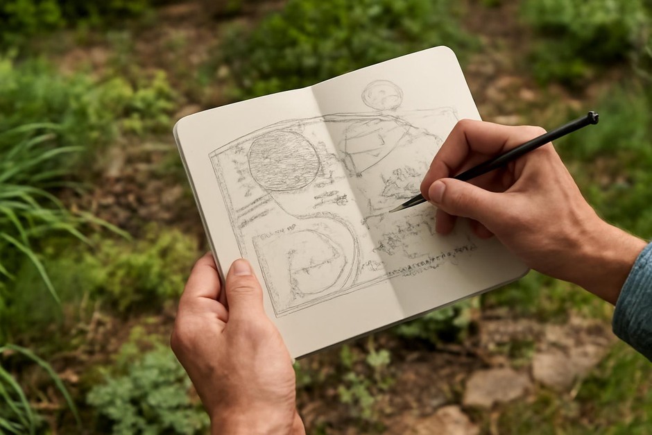 Hand sketching a garden map with patches labeled for shade, soil, and vegetation