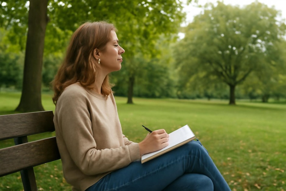 Person sitting on a park bench observing trees and jotting notes